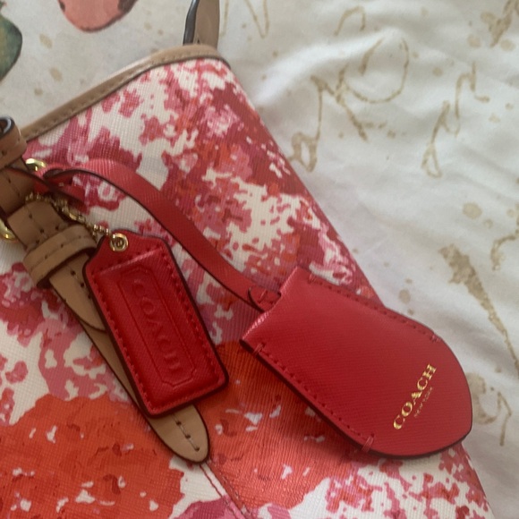 Coach Red and White Floral Tote w twilly - Picture 2 of 7